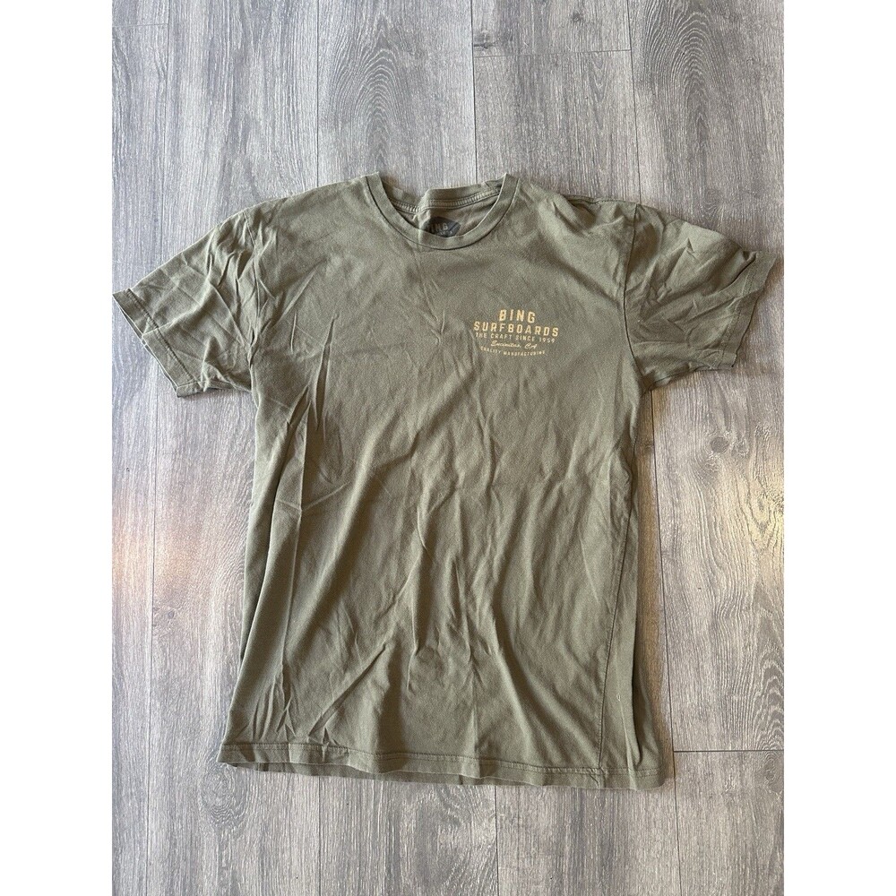 Mens BING SURFBOARDS Olive Green Short Slv T Shirt, Logo Graphic, size M